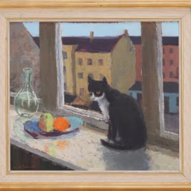 Danish Oil Painting of Cat in a Window By Herdis Gelardi