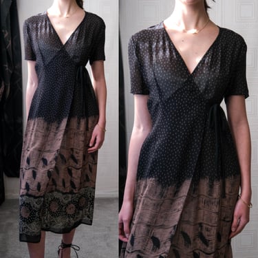 Vintage 80s Carole Little Confetti Polkadot Print Sheer Rayon Wrap Style Dress w/ Paisley Hemline | Made in USA | 1980s Designer Day Dress 