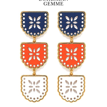 Navy, Orange and White 3 Tier Papel Picado Earrings