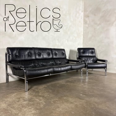 Mid Century Pieff Alpha Black Leather Three Seater Sofa With Matching Lounge Chair Vintage Retro MCM 