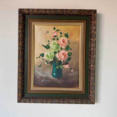 1970s Vintage Floral Still Life - Green & Pink Roses in Vase  Oil On Canvas Painting by Bindi 