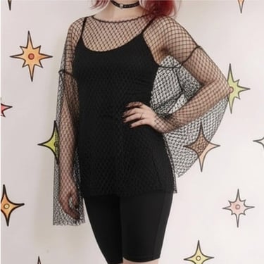 Blk Mesh Rhinestone Top Sheer Sparkle CoverUp Cyber Y2K Mall Goth Punk Dress ML 