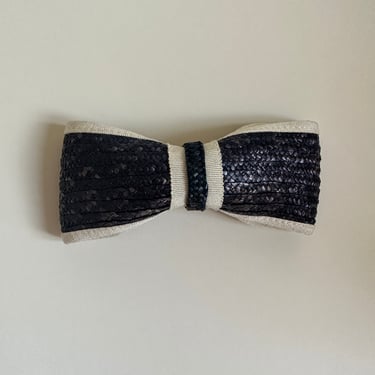 1980s Fendi bow barrette, navy woven straw and cream gros grain ribbon 