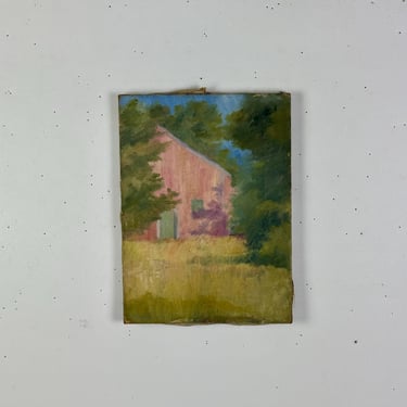 Gorgeous Antique Original Oil on Canvas Painting of Pink House in The Woods 