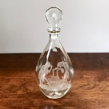 Vintage I.W. Harper Decanter, Etched Gentleman & Steamboat, Pinched Stopper 