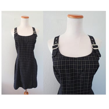 Vintage 90s Jumper Dress - Black Plaid Fall Autumn Mini Dress - Goth Punk - Size Small 
