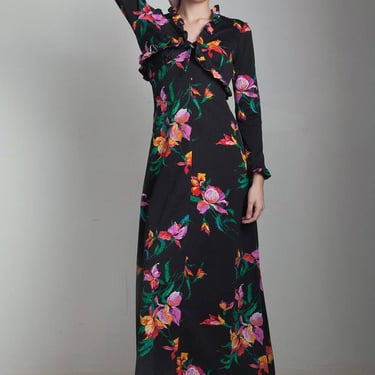 maxi dress bolero top set vintage 70s black floral ruffle long sleeve Extra Small - SMALL XS S 