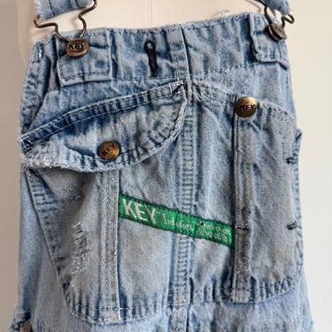 Vintage Classic Distressed Key Imperial Unisex Jean Overalls Light Wash Oversize Fit; 70s Workwear Denim Spring High-back Bib Overalls 38x30 
