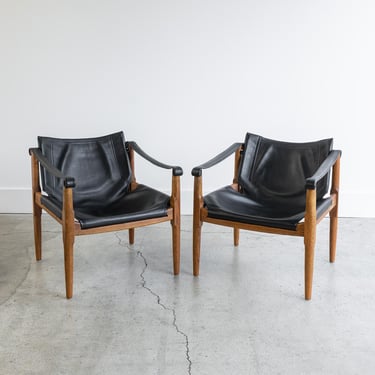 Vintage Brown Saltman Safari Sling Lounge Chairs | Rare Genuine Leather | by Douglas Heaslett c. 1960s 