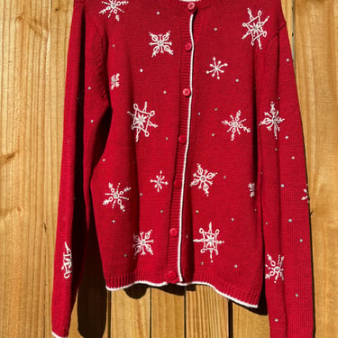 Red Snowflake Sweater Size Medium Ugly Christmas Sweater, Holiday Sweater, Winter Ski Sweater Button Up Sweater Cardigan by Capacity 90s 