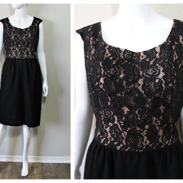 Vintage 1950s 60s Black Wool Lace Illusion Wiggle Evening Holiday Cocktail Dress by Mr. T Holiday Frocks  // US 4 6 Small 