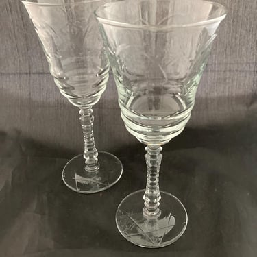 Set of 2 Vintage Tall Floral Etched Crystal Wine Glasses, Rock Sharpe Normandy Goblets 
