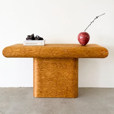 Vintage 1980s Postmodern Bullnose Console Table Burlwood Caramel Veneer 