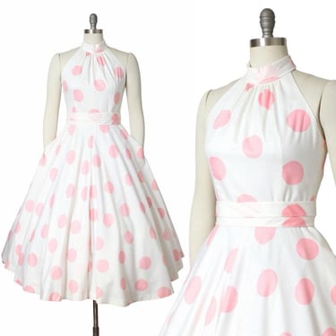 Vintage 1980s Sundress | 80s LANZ Pink Polka Dot Print Cotton White Circle Skirt Halter Fit and Flare Day Dress | small 