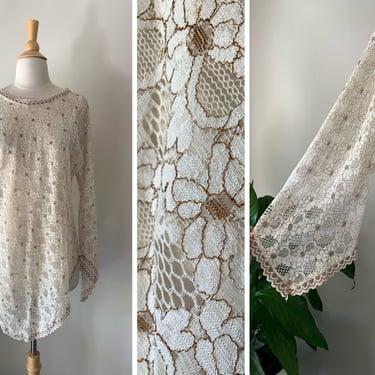 Vintage 1970s Tablecloth Lace Angel Sleeve Blouse Mini Dress | Size S/M 