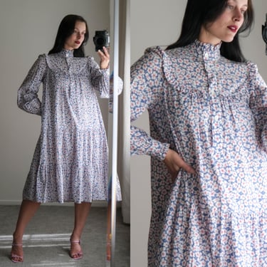 Vintage 80s LAURA ASHLEY Blue White & Cherry Floral Prairie Style Layered Bohemian Summer Longline Dress | Garden Party Dress | 1980s Cotton 