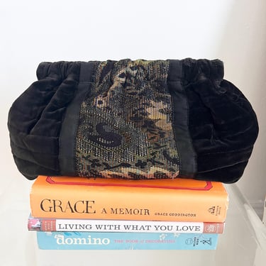 Vintage black velvet brocade clutch, Handwoven Tapestry Panel Evening Bag, Boho Art Textile Purse, Embroidered Statement Clutch 