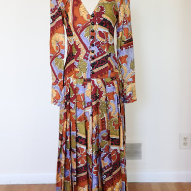 1970s Custom Made Printed Button Down Drop Waist Silk Dress