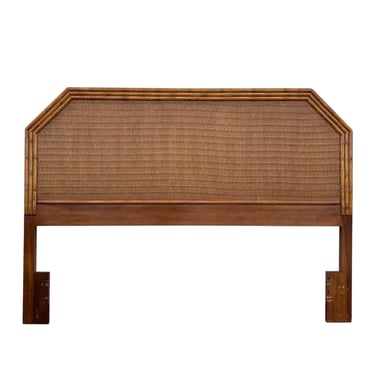 Faux Bamboo Queen Headboard with Rattan Wicker - Vintage Wooded Coastal Hollywood Regency Bedroom Furniture 