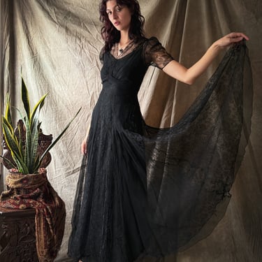 40s Black Net Lace Gown | S