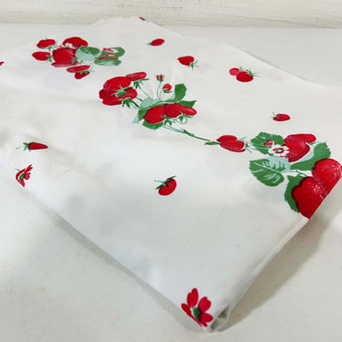 Vintage Strawberry Print Tablecloth Table Cloth Dining Kitchen Cotton Linen Rectangle Strawberries 1950s 1960s 