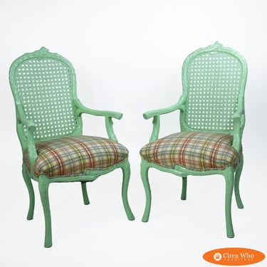 Pair of Faux Bois Cane Green Chairs