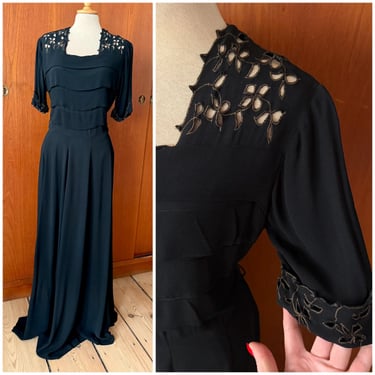 Waist 30.3” True vintage 1940s black rayon evening dress! 