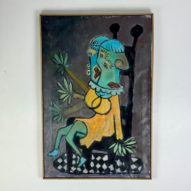 Stupendous Vintage Original Oil on Canvas Painting of Cubist Inspired Twin Women 