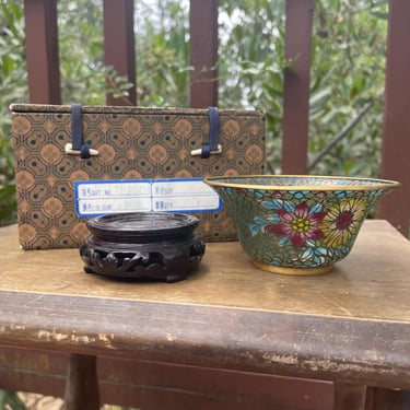 Vintage Chinese Plique-à-Jour Translucent Enamel 4” Bowl w Delicate Floral Pattern and Carved Wooden Display Stand | 1950-70s  ,Original Box 
