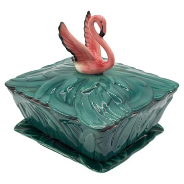 Rare 1947 Art Pottery Pink Flamingo Cigarette Box & Ashtray Signed Will-George 