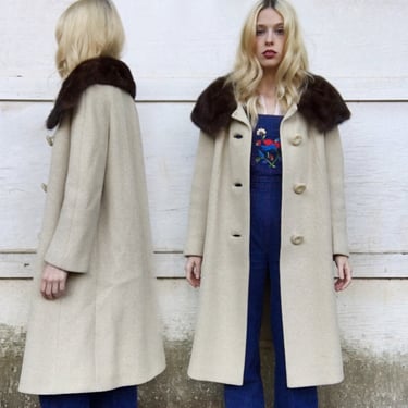 Vintage 50s Forstmann Frizelda Tan Heavy Knit + Dark Brown Mink Fur Collar Long Winter Swing Coat S/M 