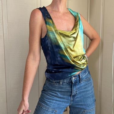 Vtg Y2k Elli Tahari Silk Tank, Vintage Green Blues Silk Top, Vintage Party Top, Sexy Halter Tank, Draped Silk Halter 
