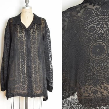 vintage Y2K top sheer black burnout mandala blouse shirt button up 1X XL 