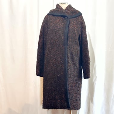 Vintage 1960s  Bouclé Wool Coat •  Funnel Collar • Black Braided Trim • Black & Copper • Heavy Winter Coat • Medium 