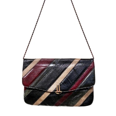 Vintage 1970s Leather and Snakeskin Patchwork Purse, Convertible Shoulder Bag to Clutch, VFG 