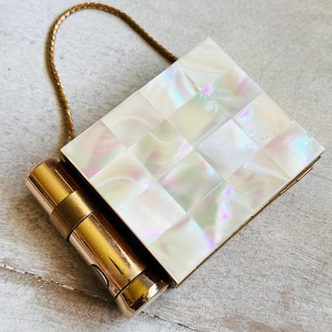 vintage 50s mother of pearl compact purse, gold lipstick holder, 1950s travel mirror, powder case, vintage accesories, vintage minaudiere 
