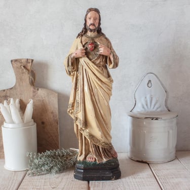 1900 Large French PIERACCINI Antique Colored Sacred Heart Jesus Statue 16