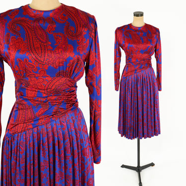 1980s Red & Blue Paisley Print Rayon Dress | Vintage Draped Waistband and Pleated Skirt, Small 