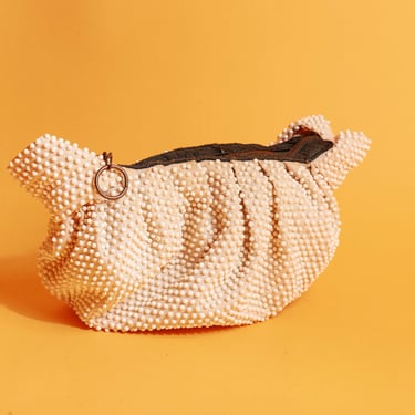 50s Off White Cream Bead Shoulder Purse Vintage Knit Formal Clutch 
