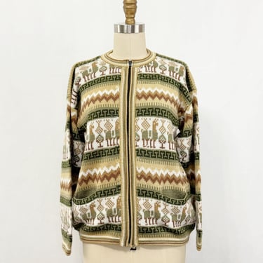 Vintage Zip Front Alpaca Cardigan Sweater | Green and Cream Stripe | Size Medium to Large 