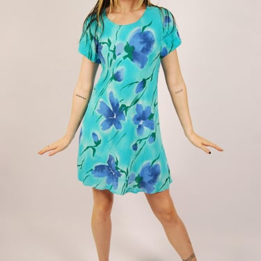 90s Floral Midi Dress (M) medium blue vintage 