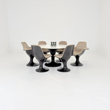 Rare  Orbit Dining Set by Farner & Grunder for Herman Miller, 6 Fiberglass Chairs and Round Tulip Table 1970s Germany 