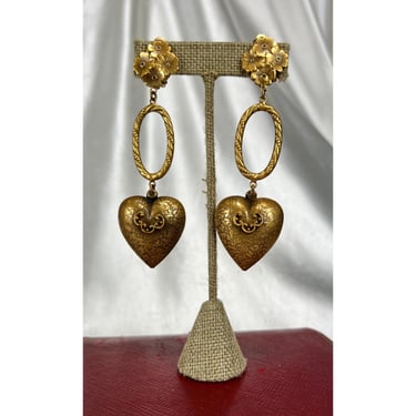 Vintage Joseff of Hollywood  puffy heart forget me not flower long earrings 