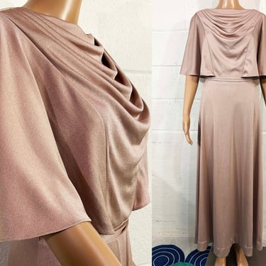 Vintage Grecian Dress Maxi Gown Taupe Formal Evening Prom Disco Glam 1970s 1980s Small Medium 