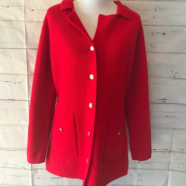 Vintage 70s 80s Red Knit Sweater Blazer Montgomery Ward Jacket Ladies Women's Dress Coat Size 40 US Size 10 12 