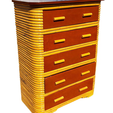 Restored Paul Frankl Style Stacked Rattan & Mahogany Art Deco Highboy Dresser 