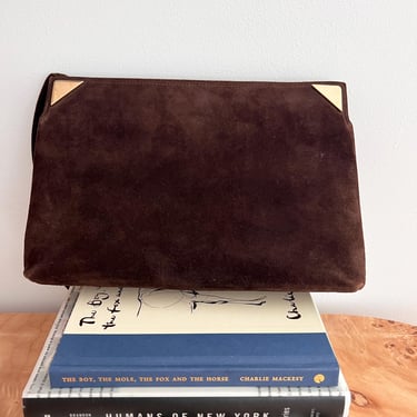 Vintage 1970s Minimalist Suede Clutch Purse, Quiet Luxury Brown Leather Shoulder Bag, 1970s Minimalist Handbag Gold Tone Hardware 