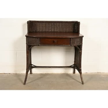 Heywood-Wakefield Antique Arts & Crafts Mission Oak & Rattan Wicker Writing Desk | Circa 1890s