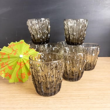 Set of 8 Smoky Pressed Glass Bamboo Tumblers - Mid Century Barware - 1960s 1970s Rocks Glasses 