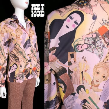 Absolutely Incredible Rare Vintage 70s Pink Art Deco Ladies Novelty Print Long Sleeve Collared Shirt 
